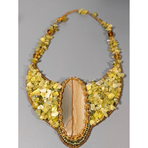 Artisan Green Stone Larve Oval Leather Back Collar Statement Necklace Boho Triba - Picture 2 of 15